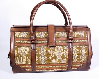 KO1 Travel Bag weekender leather brown fabric ethno-look vintage