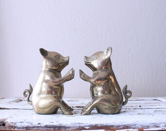 Vintage Brass Pig Bookends // Solid Brass