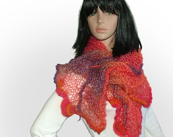 Freeform Knitted Scarf Shawl Wrap Stole with OOAK freeform crochet motifs & glass beads, in Orange, Bright Pink, Purple shades