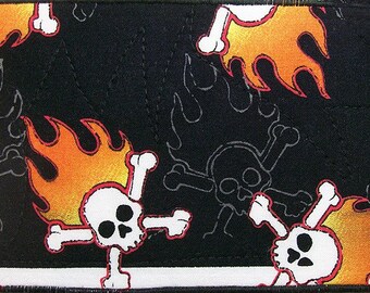 Quilted Postcard, Fabric Postcard, Mini Art Quilt, Flaming Skulls