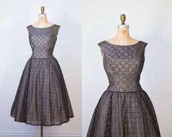 1950s Dress / 50s Flocket Velvet Party Dress