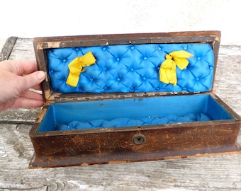 Vintage Antique 1890 /1900s French Victorian brown leather gloves box/ lined with blue silk padded