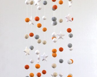 LARGE Orange, Almond, Gray, White Felt Ball & Star Nursery Mobile- Nursery Childrens Room Pom Pom Mobile Garland Decor