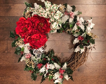 Winter Wreaths for Front Door, Winter Decorations, Holly Wreath, Winter Wreath, with Bow, Holiday Decor, Wreaths for Front Door