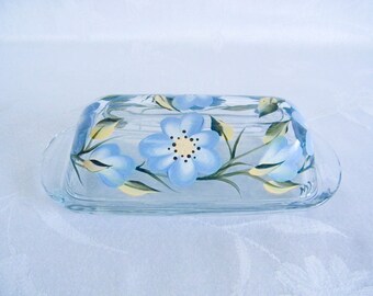 Butter dish, covered butter dish, glass butter dish, butter dish with lid, blue flowers, floral butter dish