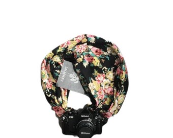 Reversible Black and Floral Print Camera Strap with Lens Pocket - The Original Camera Scarf Strap With Pocket