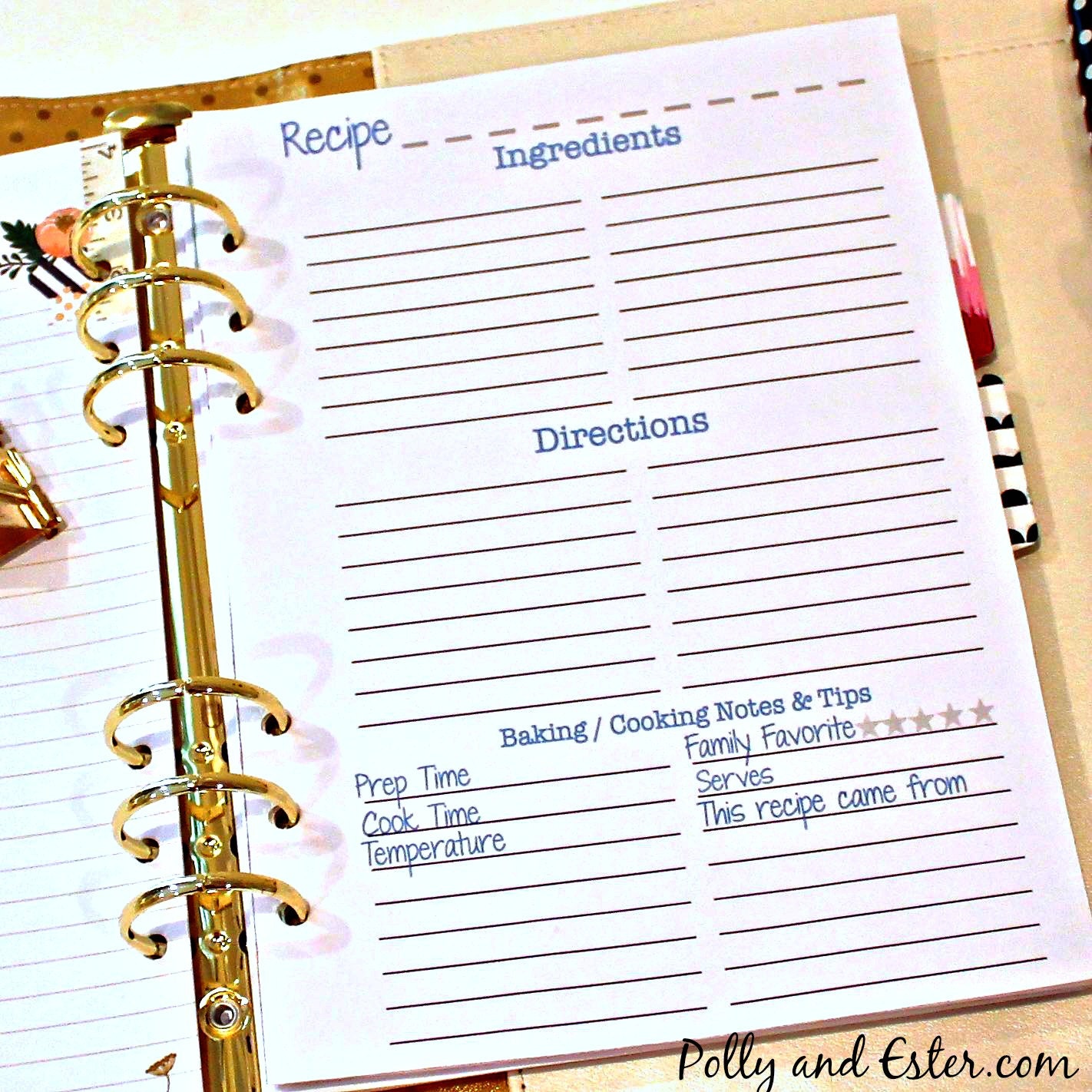 RECIPE PAGE INSERTS Recipe Binder Organizer Book Recipe