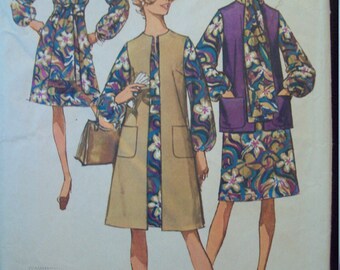 Long Vest, Short Vest, A-Line Dress, Sash, & Tie 1970s Simplicity Pattern 9081 Size 10 Bust 32.5"