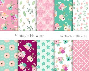 Floral Digital Papers " VINTAGE FLOWERS " Floral Papers, Commercial Papers, Flowers Digital Papers, Scrapbook Paper, Pastel Digital Papers