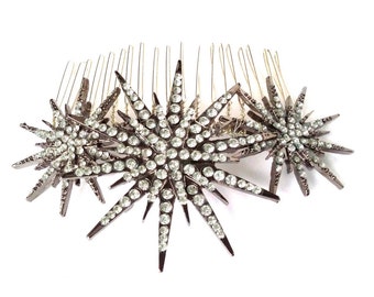 Deco star burst comb, silver rhinestone star headpiece, Deco bridal headpiece