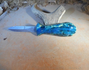 Custom Damascus Oyster Shucker with Blue Stabilized Aspen wood Handle