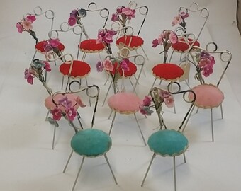 Pink & Aqua Chairs Reserved -- Vintage Miniature White Wire Chairs, Red Seats - Shabby, Charming - Shower,Favors, Table Decor, Dollhouse