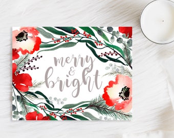 CHRISTMAS CARD SET, Watercolor Christmas Cards, Merry and Bright, Xmas Cards, Holiday Card Set, Merry Christmas, Christmas Card, Illustrated
