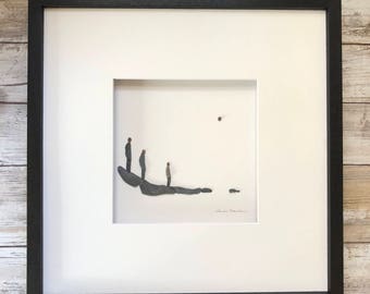 Family of three Pebble Art, Minimal Art, Original Art by Sharon Nowlan, pebble art comes matted or framed in 12 by 12 frame.