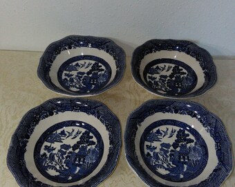 Set of Four (4) Square Cereal Bowls in Willow Blue (Made in England, Earthenware) by Johnson Brothers