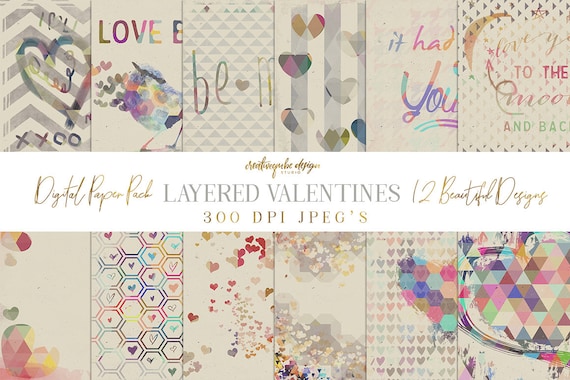 Digital Paper Pack, Layered Valentines Day Hearts, 12 x 12 for Background, Scrapbooking, Instant download, Planner Printable