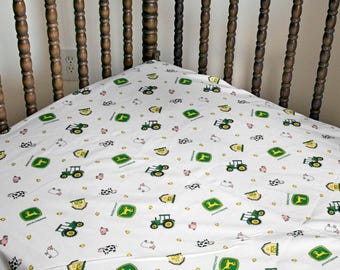 John Deere Tractor Crib Sheet with Farm Animals