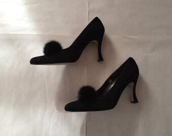 FUR POM POM high heels | black suede leather heels | 90s J. Renee high heels | 9M