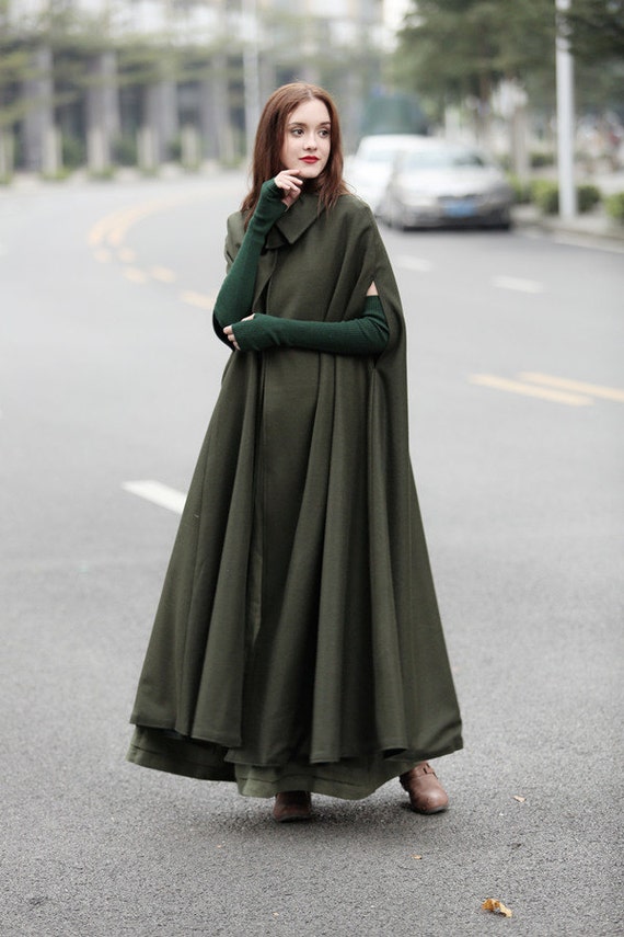 Green Maxi Wool Cape Maxi Flared Wool Cloak Winter Coat