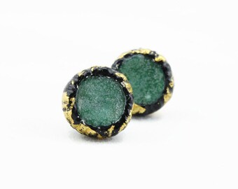 Emerald green raw druzy stud earrings gold dipped drusy earrings