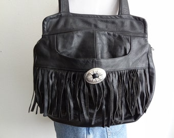 Vintage Mexican Leather Fringed Shoulder Bag Black