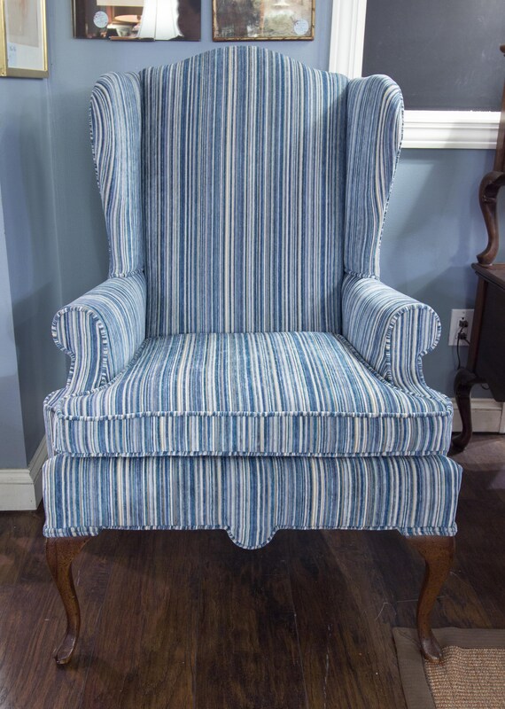 Blue and White Striped Wingback Chair Reupholstered Vintage