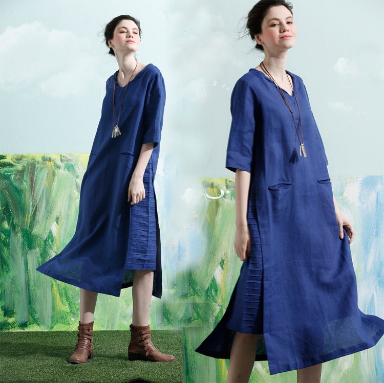 linen tunic dress in blue linen dress blue dress pleated