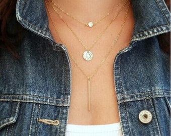 3 Layer Chain Bar Necklace Beads and Long Strip Pendant Necklaces Jewelry. Layer Neckalce. CZ Necklace. .