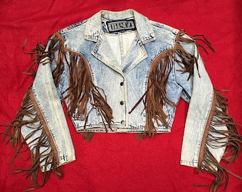 1980's Cropped Denim Jacket With Fringe - Small