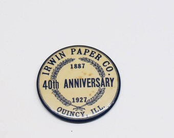 1927 Irwin Paper Co 40th Anniversary Pocket Mirror Advertising Quincy ILL