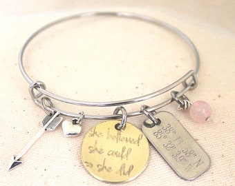 She Believed She Could So She Did | Bangle Bracelet | Charm Bracelet | Coordinates Bracelet | Inspirational | Graduation Gift | Arrow Charm