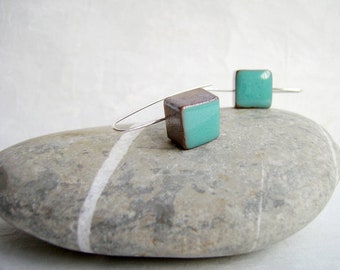 Dangle earrings, Geometric earrings, Turquoise blue ceramic earrings, sterling silver.