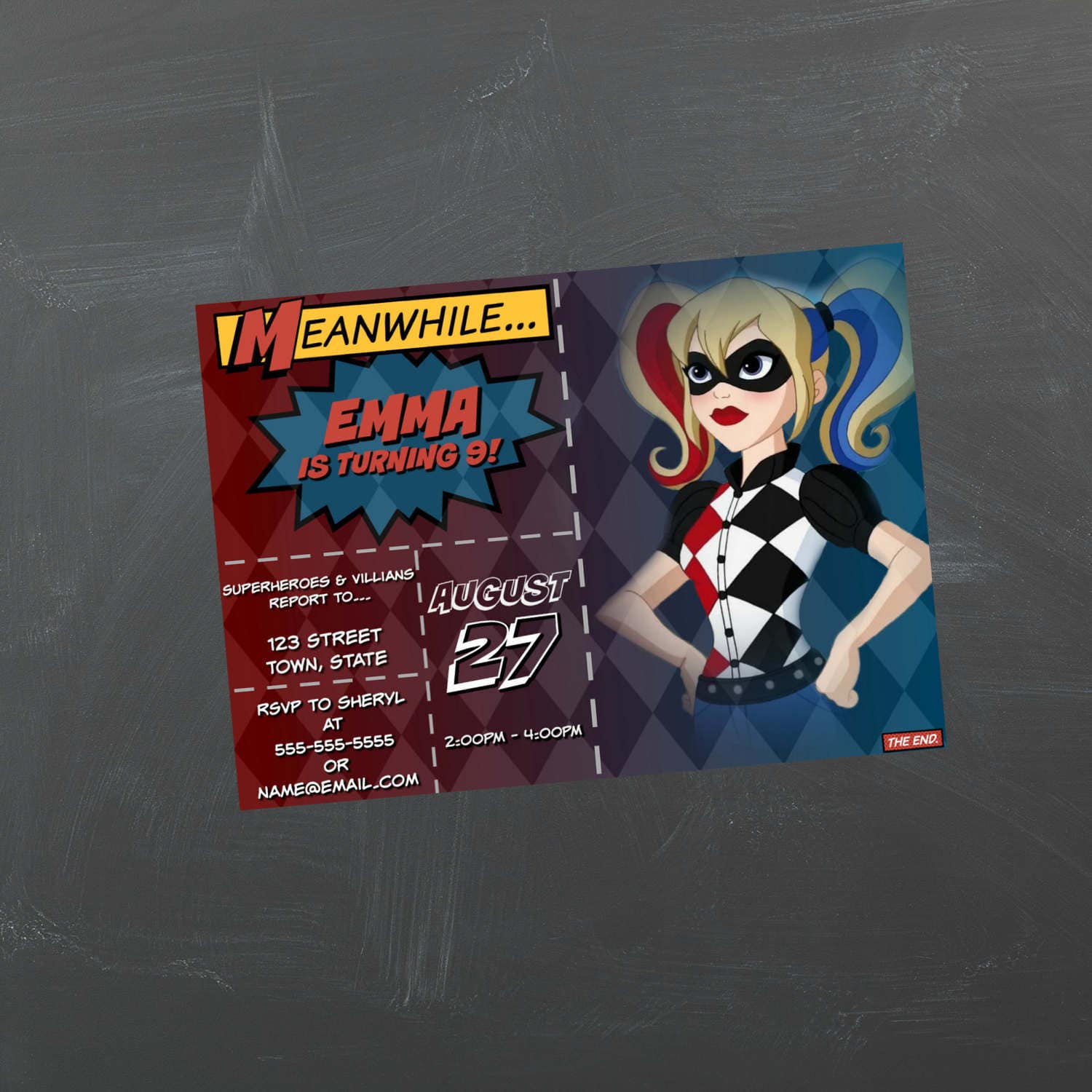 DC Superhero Girls Harley Quinn Birthday Party Invitation
