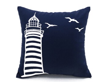 Lighthouse Pillow,Navy Blue Pillow,Linen Pillow,Embroidery Pillow, Sailing Decor, Nautical Pillow,Coastal Decor, Beach Decor,Cottage Pillow
