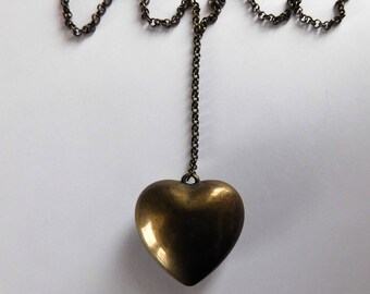 Vintage Brass Puffy Heart Necklace Lariat Y Necklace Sweetheart Jewelry