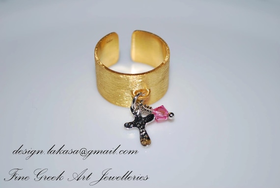 Ring Chevalier Sterling Silver 925 Gold-plated Cross Charm with Pink Swarovski Crystal Religious Jewelry Handmade Greek Art Woman Gift Ideas