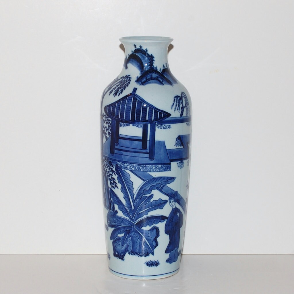 Tall Chinoiserie White & Blue Ceramic Vase