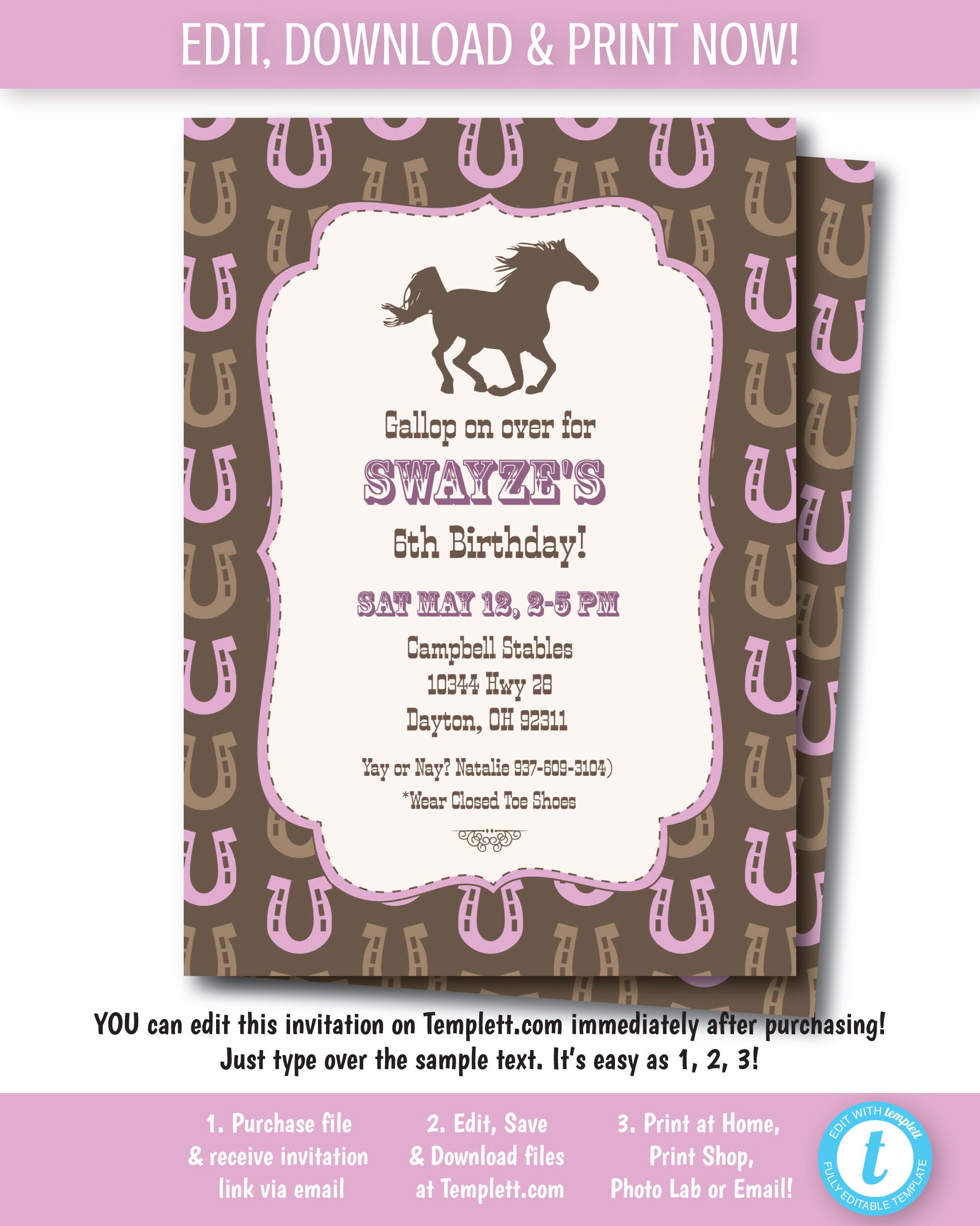 Horse Invitation with Editable Text Printable Western Horse