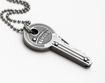 Silver Key Knife Necklace, Hidden Knife Necklace, Pocket Knife Necklace, Folding Knife Necklace, Pocket Knife Pendant