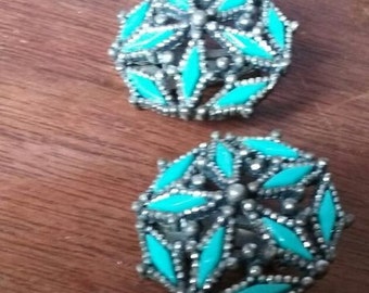 Faux Native Turquoise Needlepoint Vintage Clip Earrings