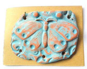 Butterfly Distressed Turquoise Glazed Terra Cotta Focal Pendant Finding