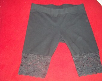 BLACK BIKE SHORTS..... upcycled.....black lace bottom.....heavy duty lycra.....sz lg