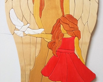 Intarsia wall hang modern Wood art Guardian Angel