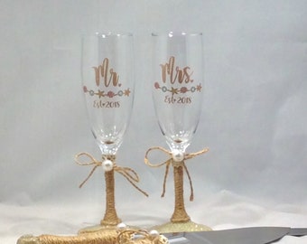 Rustic Boho Beach Wedding Decor Toasting Glasses and Cake Server Set, Cake Knife & Server Set, Beach Wedding Decor, Toasting Flutes