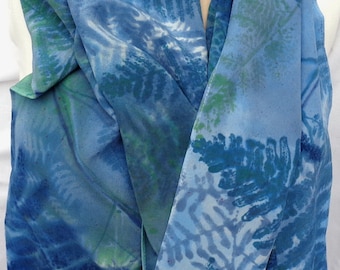 silk scarf hand painted Blue Fern unique crepe large long luxury wearable art women fashion wedgewood blue navy