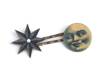 Moon and Stars Bobby pins - Moon Bobby Pins - Star Bobby Pins - Moon and Stars Barrette - Celestial Jewelry - Moon Hair Clips - Shrinky Dink