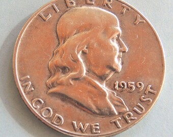1959 D Franklin Half Dollar, Silver Half Dollar, Vintage Coins, Silver Coins, Rare Coins. USA Coins, FREE Shipping