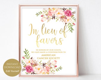 In Lieu of Favors Sign Donation Sign Favors Sign Favors Wedding Sign Wedding Favors PDF Instant Download DIY 8x10, 5x7, 4x6 Pastel Blooms