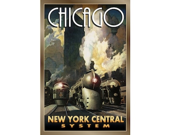 CHICAGO New York Central System Streamliners - New Poster -in 3 sizes -Henry Dreyfuss Retro Railroad Train Leslie Ragan Art Deco Print-245
