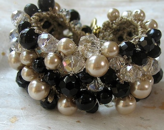 Black, Champagne, Pearl Crystal Wedding Jewelry Bracelet Cuff, Black Tie CLASSIC ELEGANCE, Ready to Ship, Hand Knit, Sereba Designs